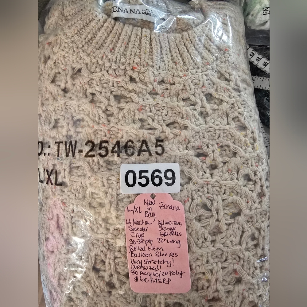 #0569 🧜♀️ L/XL ZENANA Lt Mocha Sweater w/Speckles 30-33ptp 22L Balloon Slvs - Picture 15 of 16